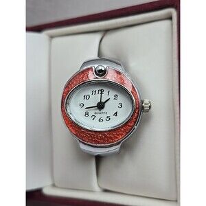 Women Silver Tone Stretch Band Ring Watch Orange Bezel Oval Dial New Battery